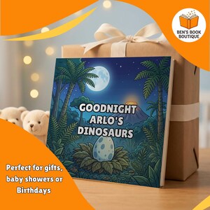 Goodnight Dinosaurs personalised book beside a wrapped gift box with a ribbon