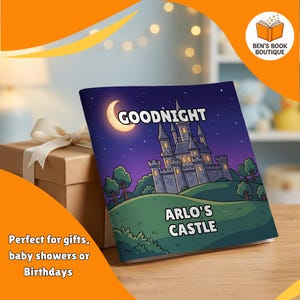 Goodnight Castle personalised book beside a wrapped gift box with a ribbon