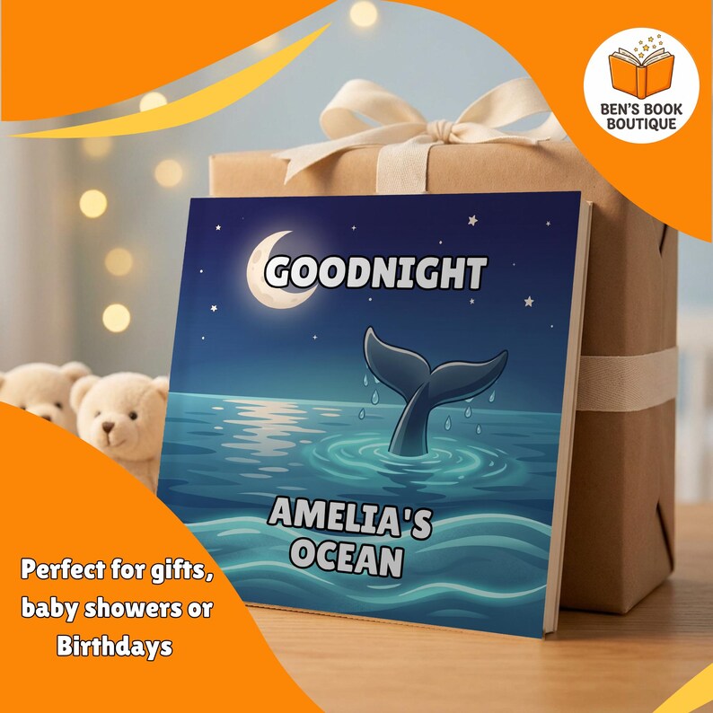 Goodnight Ocean personalised book beside a wrapped gift box with a ribbon