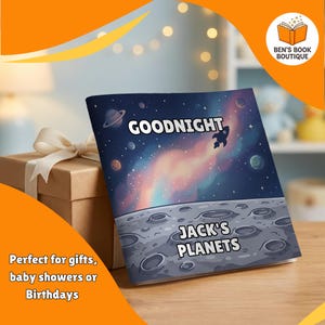 Goodnight Planets personalised book beside a wrapped gift box with a ribbon