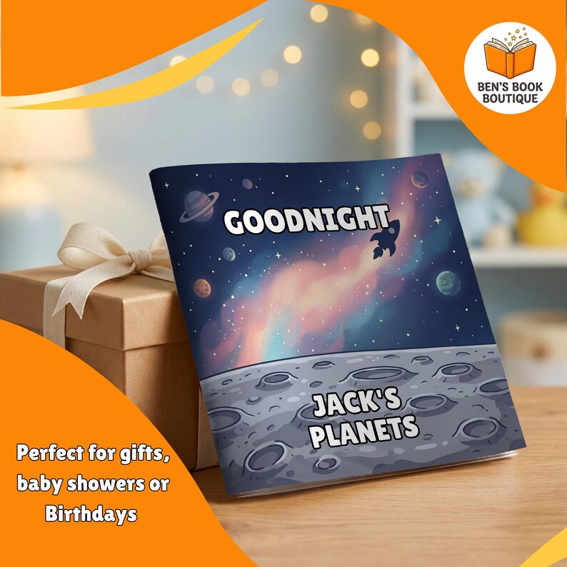 Goodnight Planets personalised book beside a wrapped gift box with a ribbon