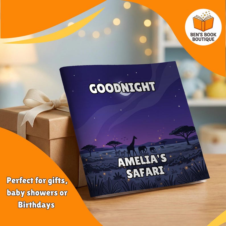 Goodnight Safari personalised book beside a wrapped gift box with a ribbon