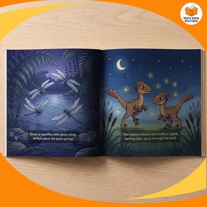 Two facing pages of the personalised Goodnight Dinosaurs picture book