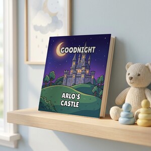 Goodnight Castle personalised book on a nursery shelf beside a teddy bear