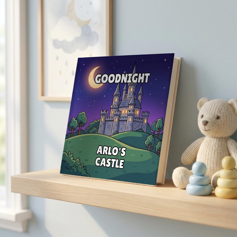 Goodnight Castle personalised book on a nursery shelf beside a teddy bear