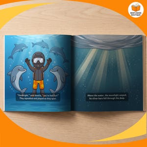 Inside pages of Goodnight Ocean, with the child's name in the story