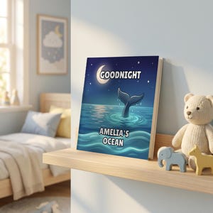 Goodnight Ocean personalised book on a nursery shelf beside a teddy bear