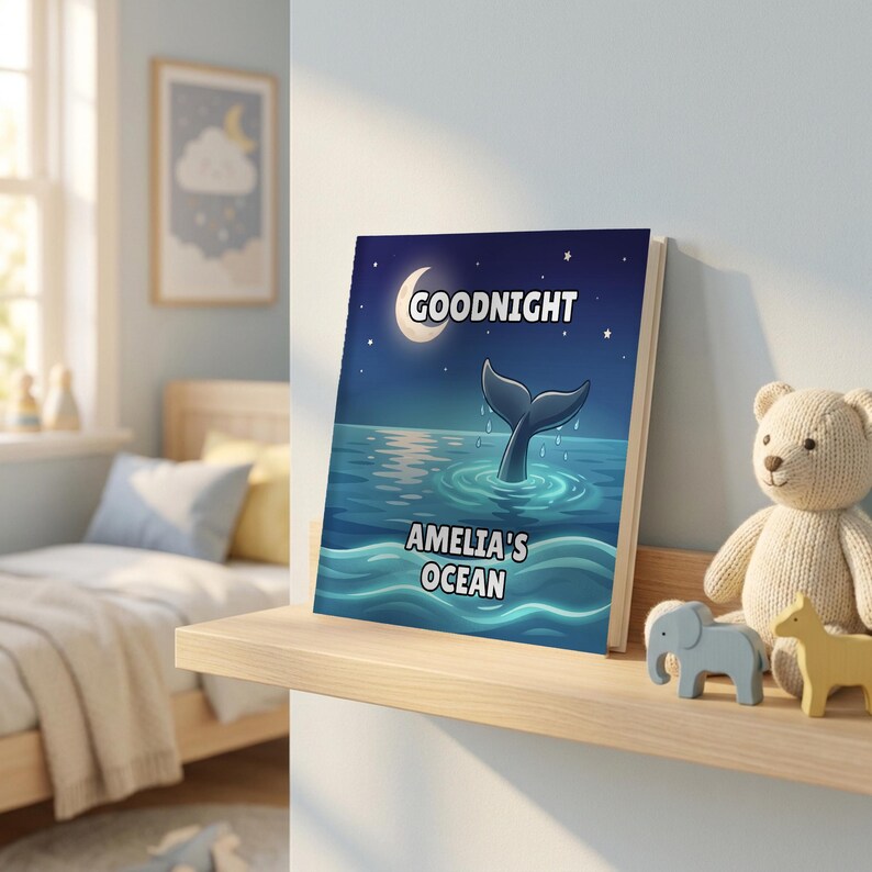 Goodnight Ocean personalised book on a nursery shelf beside a teddy bear