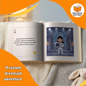 Open 'You Can Be An Astronaut' book showing an illustrated interior spread, the child personalised into the story