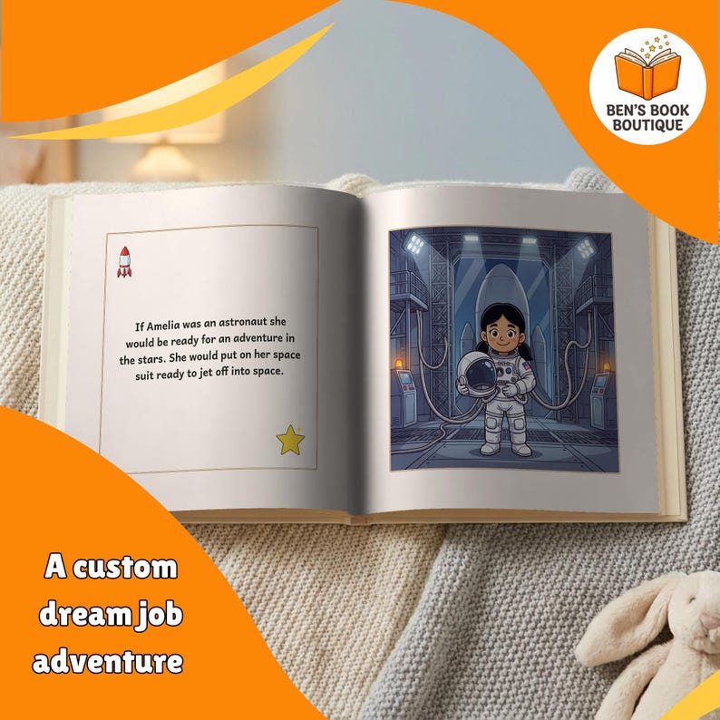 Open 'You Can Be An Astronaut' book showing an illustrated interior spread, the child personalised into the story