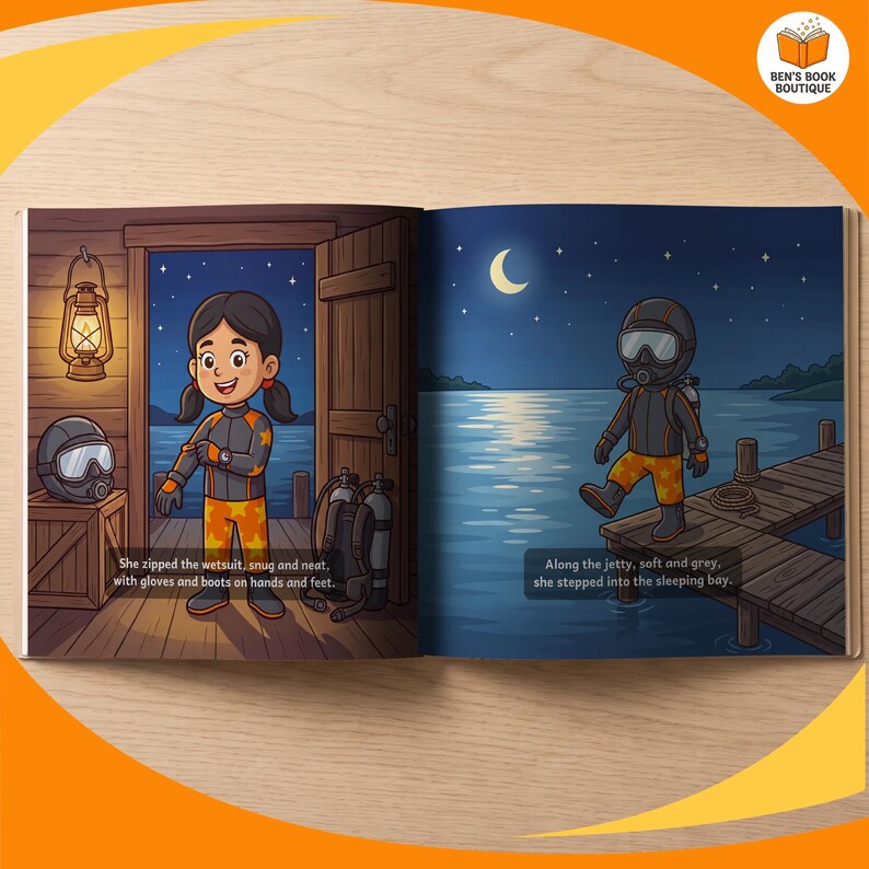 A page spread from the personalised Goodnight Ocean book, shown flat