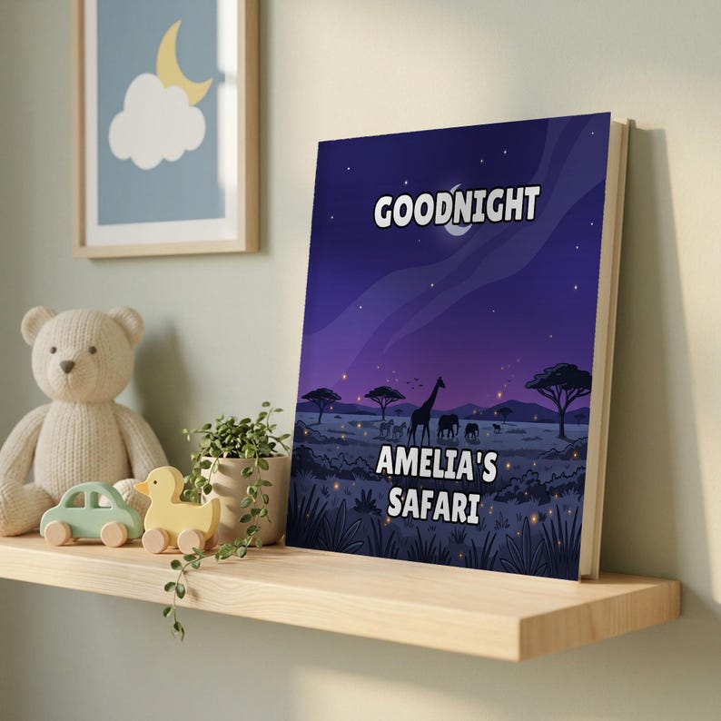 Goodnight Safari personalised book on a nursery shelf beside a teddy bear
