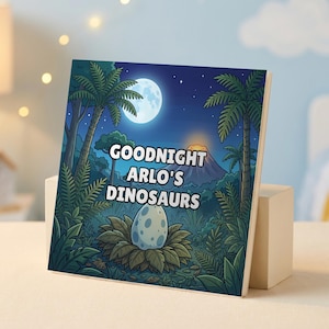 Personalised Goodnight Dinosaurs book cover showing the child's name