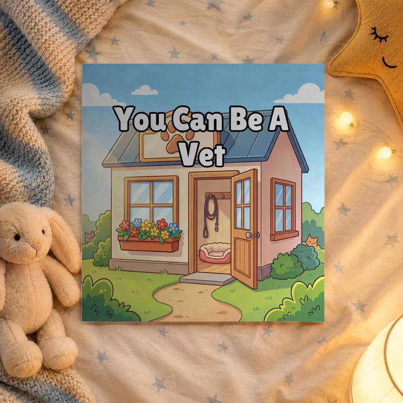 'You Can Be A Vet' personalised book on a bedside table in a child's bedroom