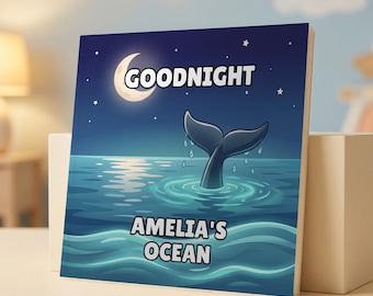 Puede incluir: Una portada de libro cuadrada con un cielo nocturno azul oscuro, una luna creciente y estrellas. Una cola de ballena emerge del agua del océano. El texto GOODNIGHT aparece arriba y AMELIA'S OCEAN abajo en letras blancas.