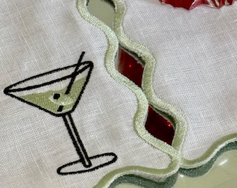Espresso Dirty Martini – Personalized Linen Cocktail Napkins / Coaster  – Embroidered