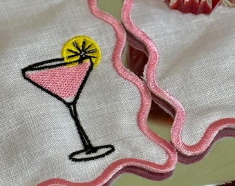 Cosmopolitan Edition – Personalized Linen Cocktail Napkins  - Coaster – Embroidered