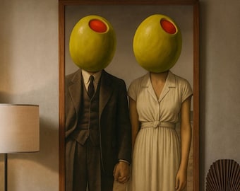 Printable poster Olive couple  Bar Cart Decor Aesthetic Gift Psychedelic Retro Surreal Universe Head Canvas Painting Gothic Retro Wall Art