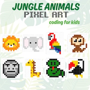 Op de afbeelding: Pixel art illustraties van jungle dieren, waaronder een leeuw, olifant, papegaai, aap, gorilla, giraffe, slang en toekan. De afbeelding bevat de tekst "JUNGLE ANIMALS PIXEL ART coding for kids" in groen en zwart.