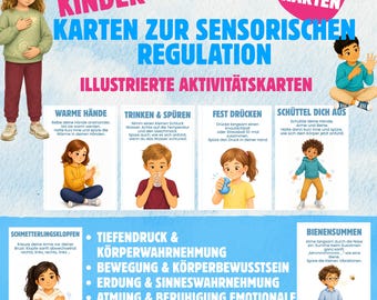 May include: A set of 44 illustrated activity cards for sensory regulation, featuring German text and cartoon children demonstrating exercises like hand rubbing, drinking water, squeezing a ball, shaking, butterfly tapping, and humming.