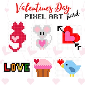 Könnte beinhalten: Pixel-Art-Designs zum Valentinstag. Das Bild zeigt eine rote Katze, eine graue Maus mit einem rosa Herz, ein von einem Pfeil durchbohrtes Herz, das Wort "LOVE", einen Cupcake und einen blauen Vogel, der ein Herz hält. Der Text "Valentines Day Pixel Art hard" steht oben.