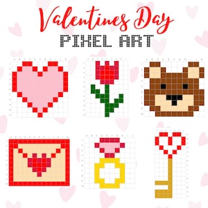 Peut inclure: Graphique présentant des créations de pixel art pour la Saint-Valentin. Les motifs comprennent un cœur, une tulipe, une tête d'ours, une enveloppe avec un cœur, une bague et une clé. Le texte "Valentines Day PIXEL ART" est en haut.