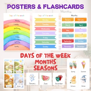 Puede incluir: Pósteres educativos y tarjetas didácticas con los días de la semana, los meses y las estaciones. Los pósteres incluyen ilustraciones coloridas y etiquetas de texto para cada día, mes y estación. La imagen también incluye ilustraciones de primavera, verano, otoño e invierno.
