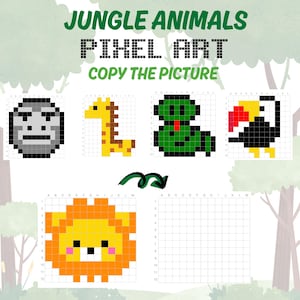 May include: A pixel art activity sheet with the text "JUNGLE ANIMALS PIXEL ART COPY THE PICTURE". The sheet features pixelated images of a monkey, giraffe, snake, toucan, and lion, along with a blank grid for copying.