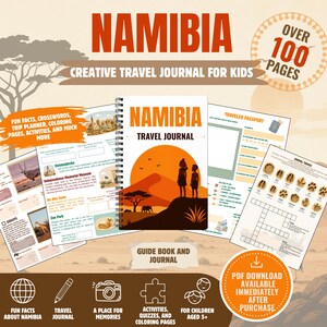 Peut inclure: Un journal de voyage pour enfants sur la Namibie à reliure spirale de plus de 100 pages. La couverture montre un paysage au coucher du soleil avec deux silhouettes, une dune et un éléphant. Inclut des activités, un passeport et des traces.