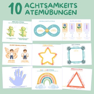 Puede incluir: Un conjunto de 10 tarjetas de ejercicios de respiración consciente con ilustraciones de dragones, mariposas, estrellas, arcoíris y formas geométricas. Cada tarjeta incluye instrucciones en alemán para técnicas de respiración guiada.
