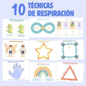 Op de afbeelding: Een kleurrijke infographic in het Spaans, getiteld "10 Ademhalingstechnieken", met illustraties van verschillende ademhalingsoefeningen. De afbeelding bevat schema's van draken, vlinders, sterren en regenbogen, met tekstinstructies.