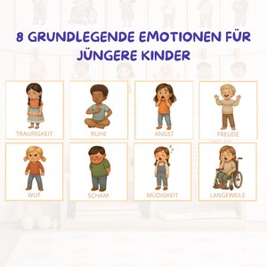 May include: An educational poster titled 8 GRUNDLEGENDE EMOTIONEN F&Uuml;R J&Uuml;NGERE KINDER featuring eight illustrated squares. Each square depicts a child expressing a different emotion with the corresponding German label: TRAURIGKEIT, RUHE, ANGST, FREUDE, WUT, SCHAM, M&Uuml;DIGKEIT, and LANGEWEILE.