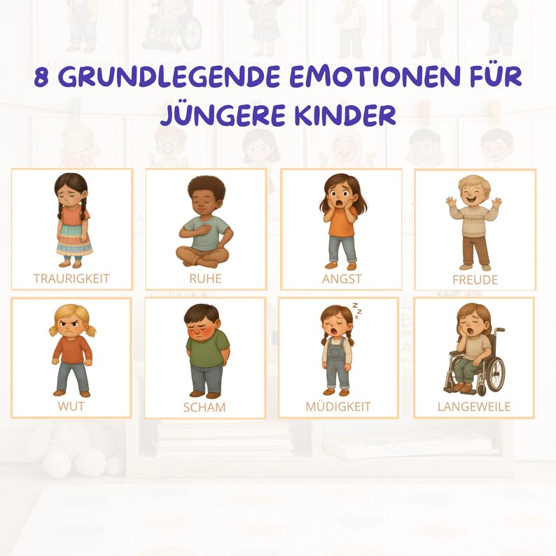 May include: An educational poster titled 8 GRUNDLEGENDE EMOTIONEN F&Uuml;R J&Uuml;NGERE KINDER featuring eight illustrated squares. Each square depicts a child expressing a different emotion with the corresponding German label: TRAURIGKEIT, RUHE, ANGST, FREUDE, WUT, SCHAM, M&Uuml;DIGKEIT, and LANGEWEILE.