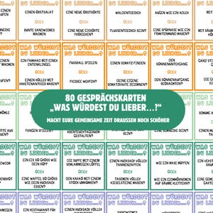 Puede incluir: Un juego de 80 tarjetas de conversaci&oacute;n tituladas Was W&uuml;rdest Du Lieber con bordes naranjas, verdes y morados. Cada tarjeta presenta dos escenarios hipot&eacute;ticos en alem&aacute;n, separados por la palabra Oder, para fomentar la discusi&oacute;n.