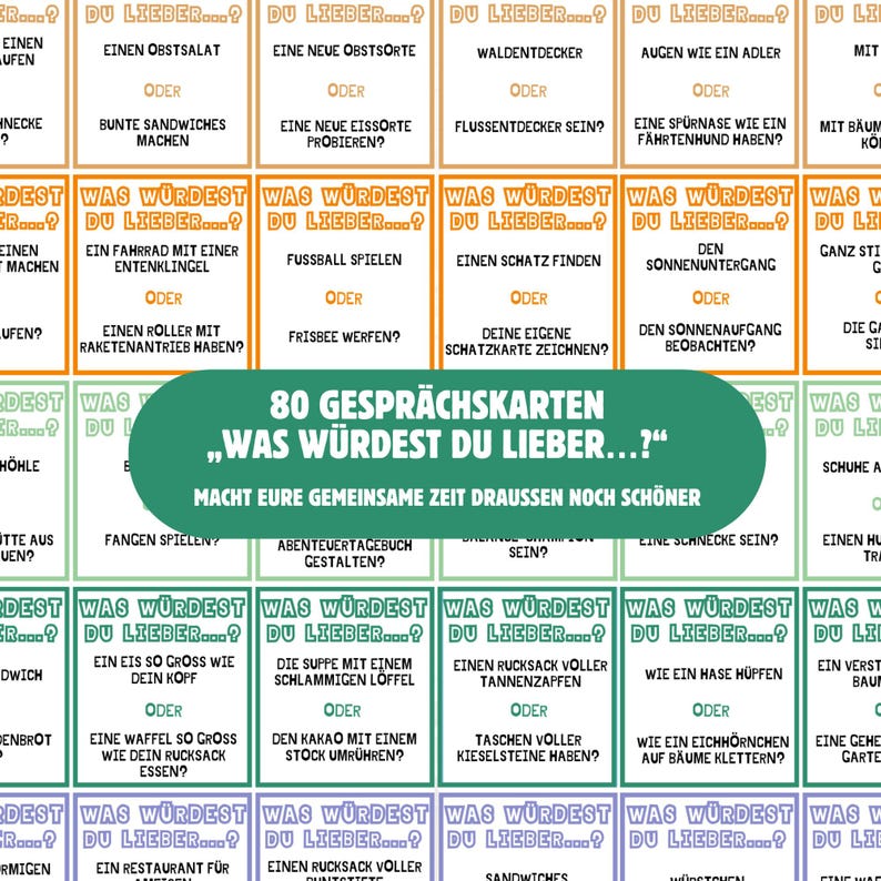 Puede incluir: Un juego de 80 tarjetas de conversaci&oacute;n tituladas Was W&uuml;rdest Du Lieber con bordes naranjas, verdes y morados. Cada tarjeta presenta dos escenarios hipot&eacute;ticos en alem&aacute;n, separados por la palabra Oder, para fomentar la discusi&oacute;n.