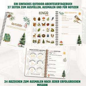 Puede incluir: Un diario de aventuras al aire libre con encuadernaci&oacute;n en espiral, portada blanca con ilustraci&oacute;n de mochila verde y pino, e interiores con juego de bingo de naturaleza, registros de aves y p&aacute;ginas de misiones con 24 insignias para colorear.