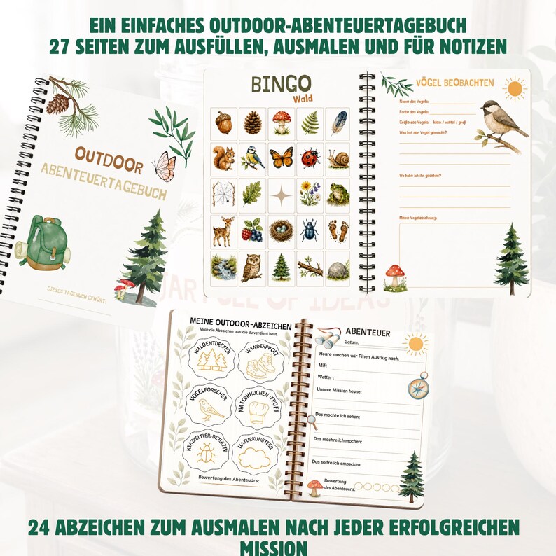Puede incluir: Un diario de aventuras al aire libre con encuadernaci&oacute;n en espiral, portada blanca con ilustraci&oacute;n de mochila verde y pino, e interiores con juego de bingo de naturaleza, registros de aves y p&aacute;ginas de misiones con 24 insignias para colorear.