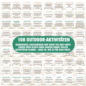 Puede incluir: Una cuadr&iacute;cula de tarjetas rectangulares blancas con texto en polaco e ilustraciones bot&aacute;nicas. Un gran &oacute;valo verde en el centro muestra el texto blanco 108 OUTDOOR-AKTIVIT&Auml;TEN, AUSDRUCKEN, AUSSCHNEIDEN UND JEDEN TAG EINE KARTE ZIEHEN ODER GLEICH EINEN GANZEN MONAT VOLLER AKTIVIT&Auml;TEN PLANEN &ndash; GANZ SO, WIE ES F&Uuml;R EUCH PASST.