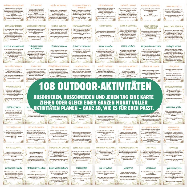 Puede incluir: Una cuadr&iacute;cula de tarjetas rectangulares blancas con texto en polaco e ilustraciones bot&aacute;nicas. Un gran &oacute;valo verde en el centro muestra el texto blanco 108 OUTDOOR-AKTIVIT&Auml;TEN, AUSDRUCKEN, AUSSCHNEIDEN UND JEDEN TAG EINE KARTE ZIEHEN ODER GLEICH EINEN GANZEN MONAT VOLLER AKTIVIT&Auml;TEN PLANEN &ndash; GANZ SO, WIE ES F&Uuml;R EUCH PASST.