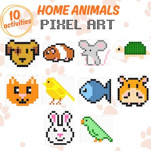 Può includere: Una grafica pixel art colorata con dieci diversi animali domestici. Gli animali includono un cane, una cavia, un topo, una tartaruga, un gatto, un canarino, un pesce, un criceto, un coniglio e un pappagallo. Il testo "HOME ANIMALS PIXEL ART" è visualizzato in alto.