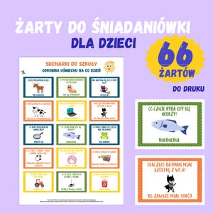 Può includere: Una colorata stampa educativa per bambini con barzellette polacche. La stampa include una griglia di barzellette illustrate, una stella gialla con il numero 66 e il testo "Barzellette per portapranzo per bambini."