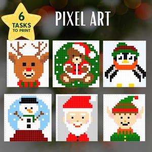 Peut inclure: Six dessins en pixel art sur le thème de Noël. Ils représentent un renne, un ours en peluche, un pingouin, un bonhomme de neige, le Père Noël et un elfe. Le texte "PIXEL ART" est affiché au-dessus des images, avec une étoile indiquant "6 TASKS TO PRINT".