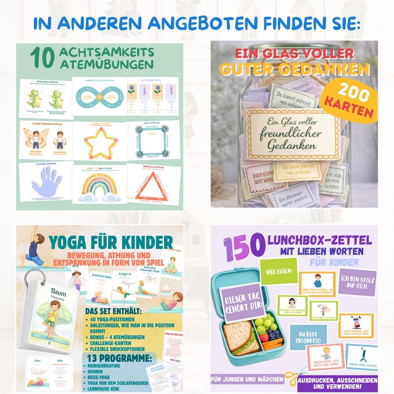 May include: A collage of four educational sets for children featuring mindfulness breathing exercises, a glass jar filled with 200 cards of positive thoughts, a yoga card deck with 40 poses, and 150 printable lunchbox notes with encouraging messages.