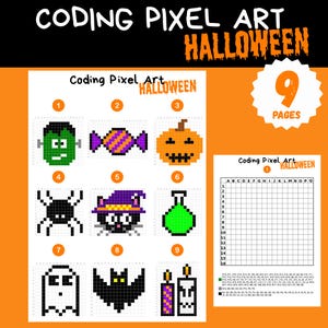 Pode incluir: Um livro de atividades de pixel art com tema de Halloween com nove páginas. A capa apresenta o texto "Coding Pixel Art Halloween". No interior, existem imagens pixelizadas de um monstro de Frankenstein, doces, uma abóbora, uma aranha, um gato, uma poção, um fantasma, um morcego e velas.