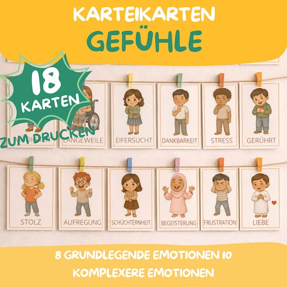 Gefühls-Lernkarten für Kinder, Montessori-Lernen von Gefühlen, druckbare PDF-Lernkarten, emotionale Entwicklung im Vorschulalter, Deutsch