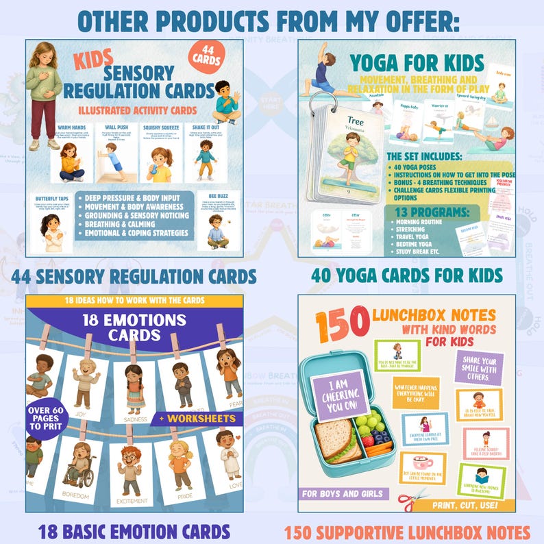 May include: A collection of educational card sets including 44 Kids Sensory Regulation Cards, 40 Yoga Cards for Kids, 18 Basic Emotion Cards, and 150 Supportive Lunchbox Notes. Each set features illustrated characters and text detailing activities.