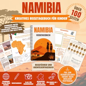 Könnte beinhalten: Ein spiralgebundenes Reisetagebuch mit dem Titel Namibia Reisetagebuch, das einen orangefarbenen Sonnenuntergang mit Silhouetten von zwei Kindern, einem Baum und einem Elefanten zeigt. Es enthält Seiten mit Karten, Tierspuren und Aktivitäten.