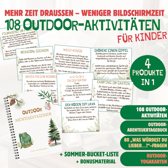 108 Outdoor-Aktivitäten für Kinder zum Ausdrucken, bildschirmfreie Abenteuerkarten, Naturtagebuch, Entweder-oder-Fragen, Yoga-Set, Bingo