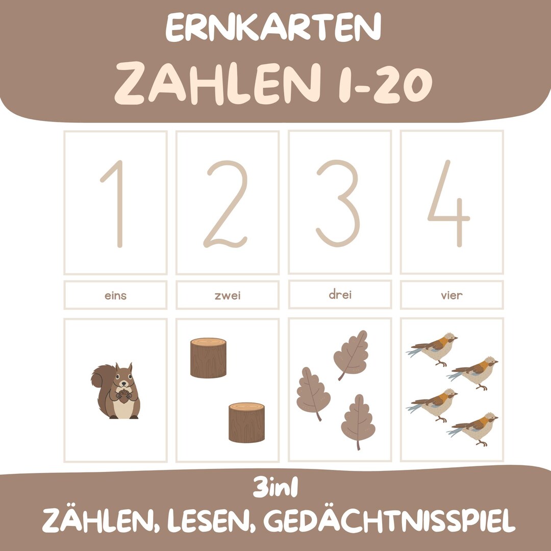 German Counting Chart German Numbers 1–20 Printable | Montessori Counting Cards PDF | Learn ...