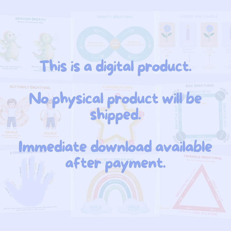 May include: A digital collection of breathing exercise charts featuring illustrations of dragons, butterflies, stars, rainbows, and geometric shapes. Each chart includes instructional text for guided breathing techniques like box, triangle, and infinity breathing.